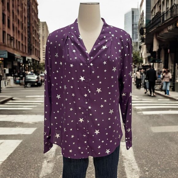 Allegra K Star Print Blouse Purple, Celestial Casual Chic Office Party Festival - Picture 1 of 11
